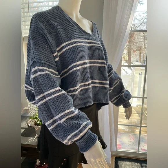 Aerie Blue and White Striped Chunky Drop Shoulder Slouchy Career Woman Medium - Picture 6 of 16